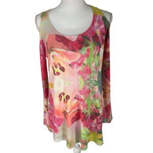 Whimsy Rose Butterknit Pink Orange Green Abstract Cold Shoulder Top Small S